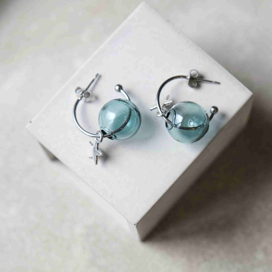 BlueGreen Glass C-Shaped Earrings - Silver and Gold