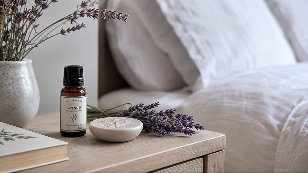 Lavender essential oil bottle and dish on a bedside table with dried sprigs and vase beside a white bed, creating a calm spa-like scene.