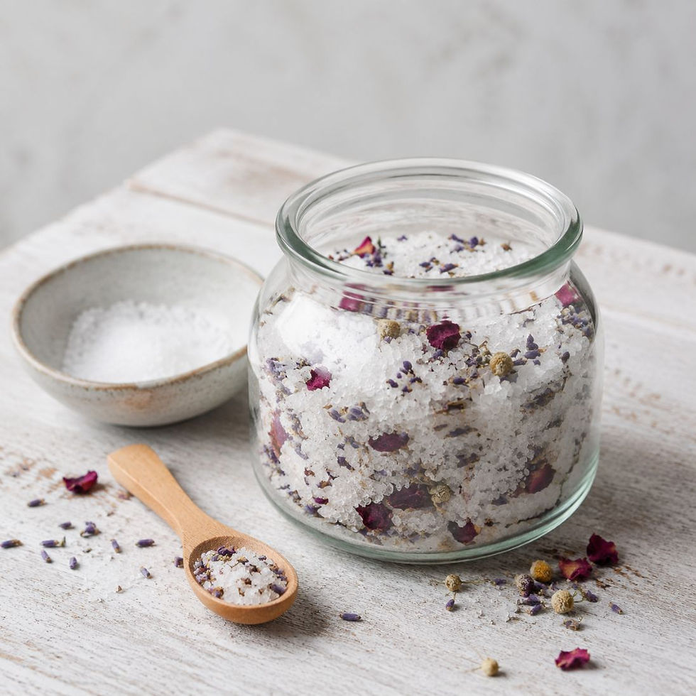 Zelfgemaakt badzout met lavendel, rozenblaadjes en kamille in een glazen pot.