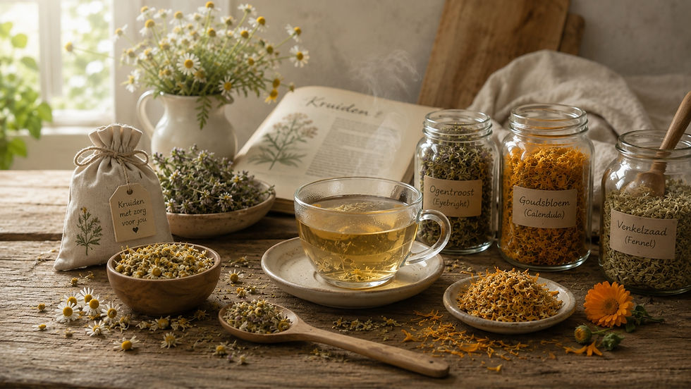 Sunlit herbal tea still life with chamomile and jars labeled Ogenroost, Goudsbloem, and Fennel on a rustic table.