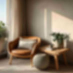 A small corner in a Scandinavian-inspired living room. The space features a low-light oak side table with a handmade oval concrete bowl on top. The background includes an off-white wall and a leather armchair with a round concrete table next to an oak coffee table.