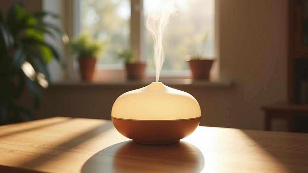 Eye-level view of essential oil diffuser on a wooden table