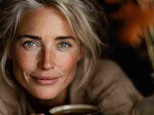 A natural, candid portrait of a 40+ year-old woman with glowing, healthy skin, soft smile, and relaxed expression. She has minimal or no makeup, wearing simple, natural fibre clothing (
