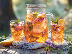 A rustic summer scene with a glass jug and two tumblers of iced herbal tea on a wooden table outdoors. The tea is light pink or amber with floating herbs (mint, chamomile, or rose petals) and 