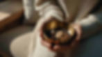 Photograph of a person holding a small brass bowl in both hands. The bowl contains a minimal arrangement of coffee beans, a single bay leaf with a handwritten wish, and a few dried natural elements. Soft natural window light illuminating the hands and bowl, background gently blurred.