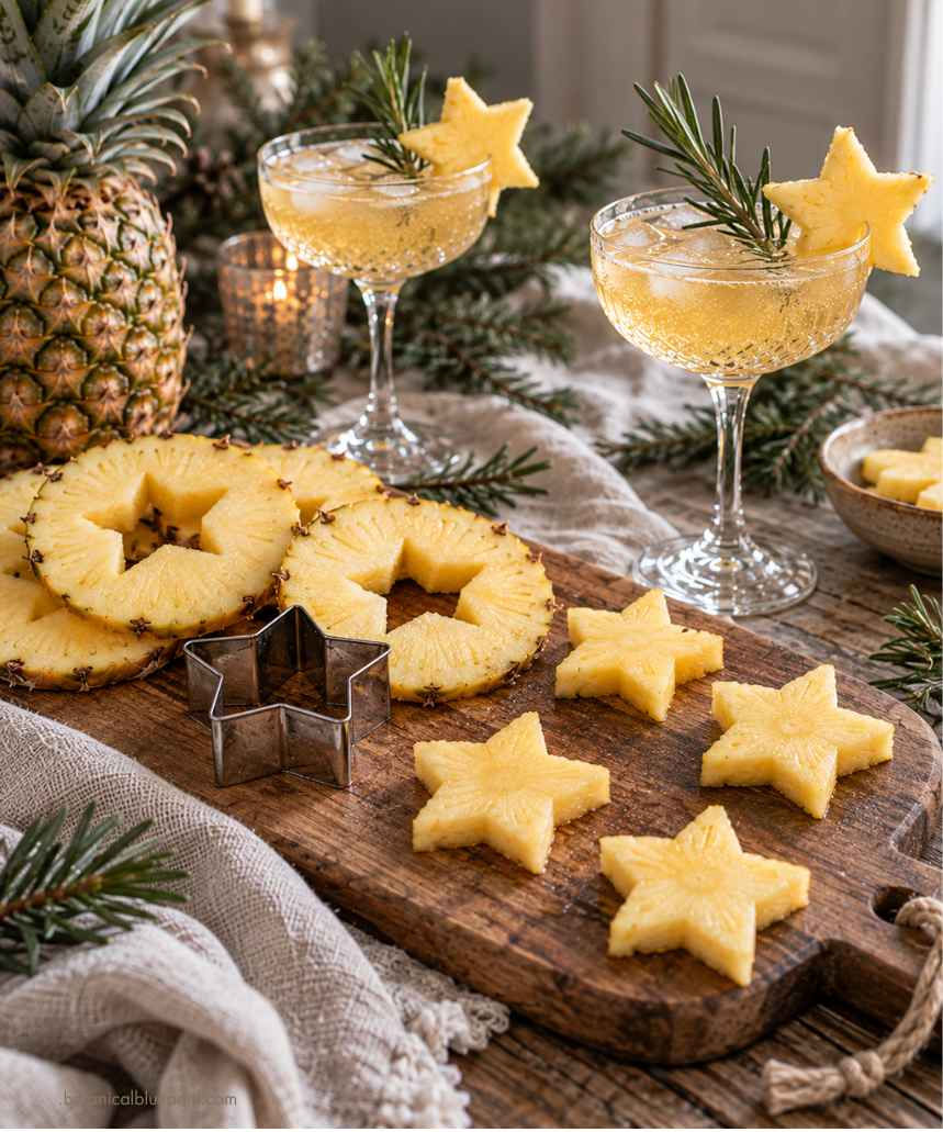 Fresh pineapple stars cut from pineapple slices using a star-shaped biscuit cutter, served as festive garnishes on sparkling Christmas mocktails with rosemary.