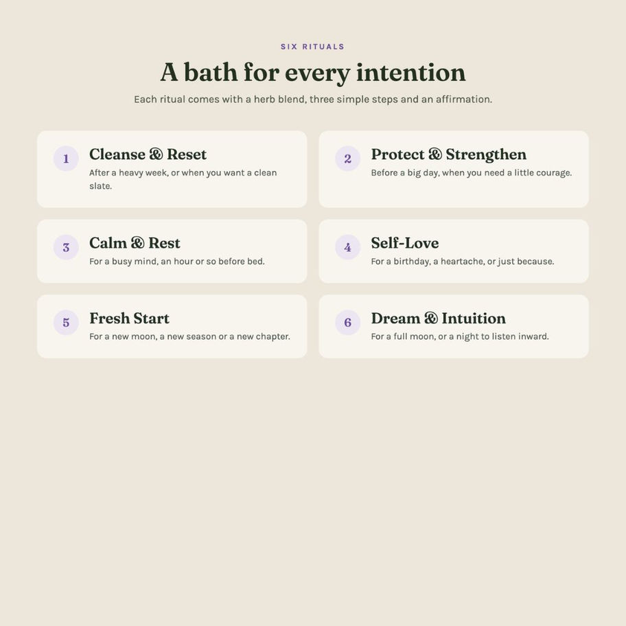 Six herbal bath rituals for every intention: Cleanse and Reset, Protect and Strengthen, Calm and Rest, Self-Love, Fresh Start, and Dream and Intuition.