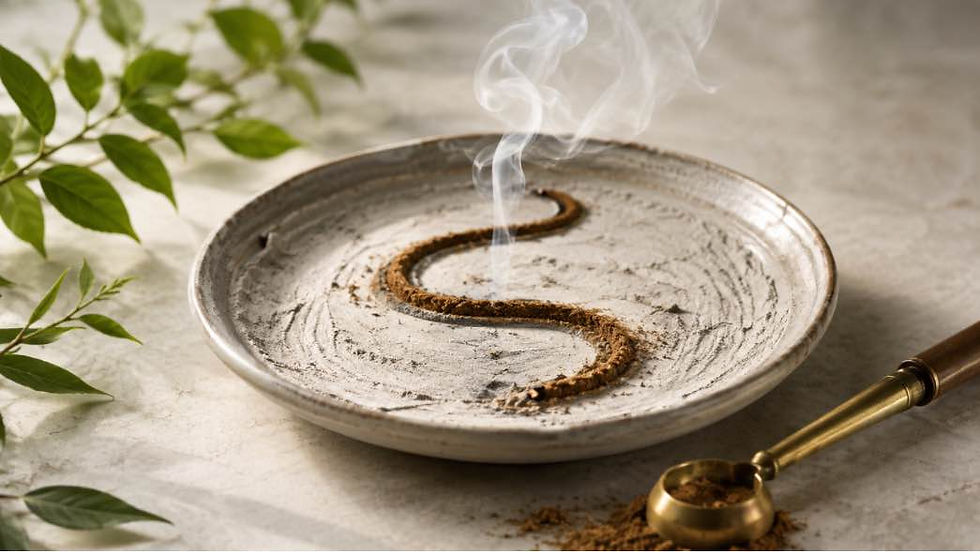 Incense powder formed into a slow-burning trail in ash, gently smouldering in a ceramic dish with smoke rising.
