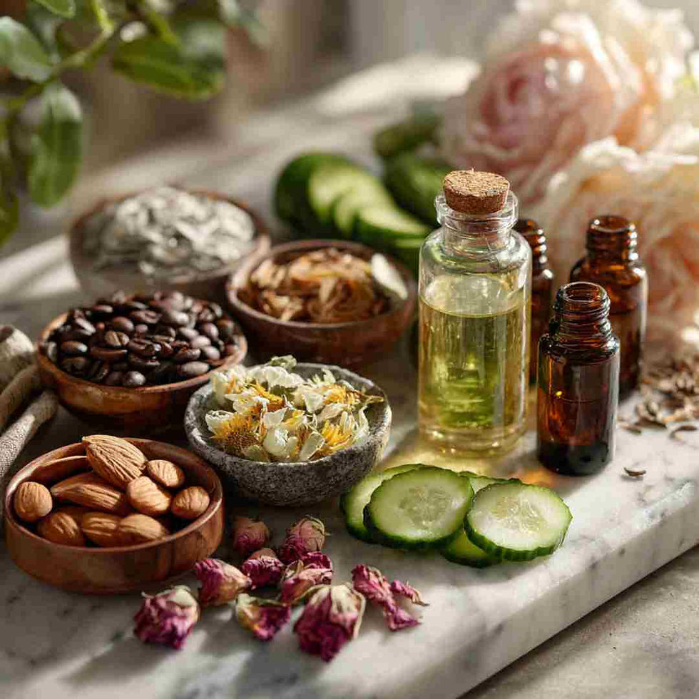 Marble kitchen top showing variety of natural skincare ingredients. Include small bowls or piles of coffee beans, dried chamomile flowers, sliced cucumber, aloe vera leaves, a small bottle of almond oil, and rose petals and small dark brown glass bottles