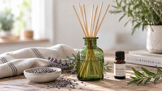 Homemade reed diffuser in a green vintage glass bottle with lavender, essential oil and diffuser base.