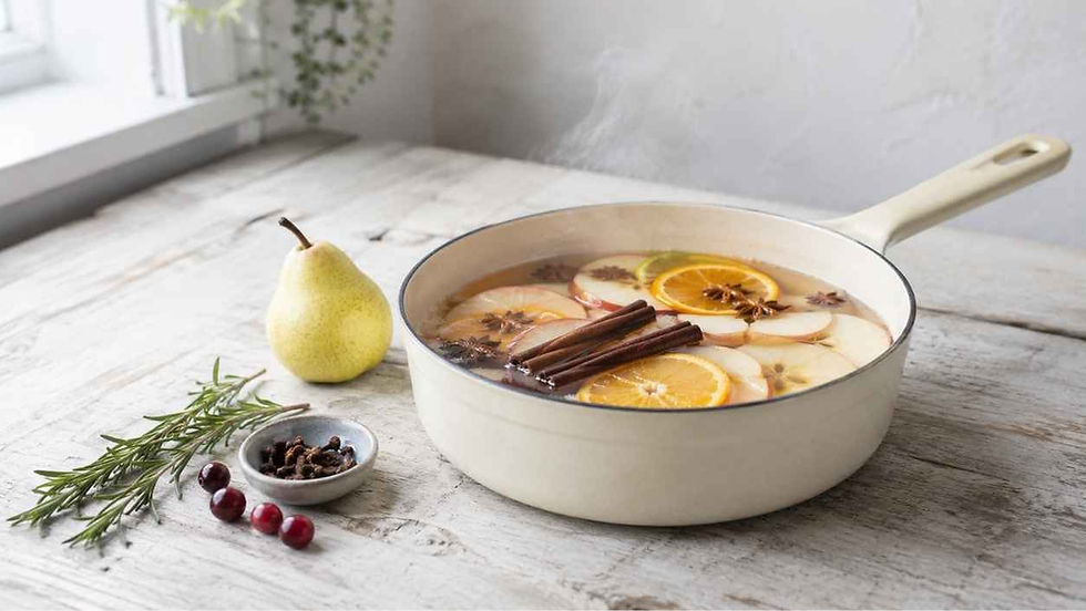 Witte pan met warme drank, peer-, sinaasappel- en kaneelschijven op houten tafel, met peer, rozemarijn en cranberries.