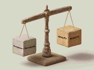 illustration of classic weighing scales balanced unevenly. On one side, a block labelled “Perception” in polished, glossy typography; on the other side, a block labelled “Reality” in plain, raw lettering.