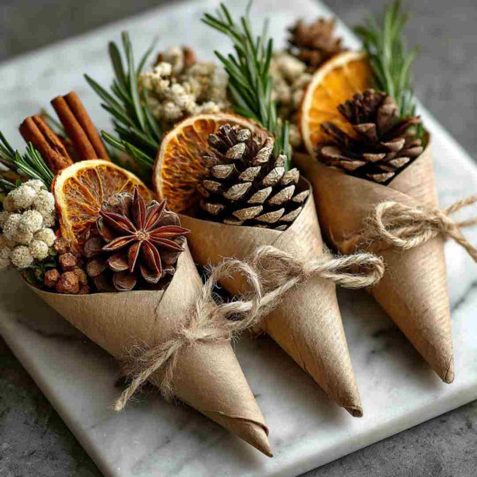 kraft paper cones filled with natural firestarters, packed with pinecones, dried orange peel, cinnamon sticks, star anise, and rosemary sprigs. Cones tied with jute twine, lying down on white marble kitchen top