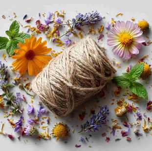 Flat lay on a white background. A natural, relaxed arrangement of fresh summer herbs and flower petals scattered loosely--including lavender, mint, calendula, rose petals, and lemon balm. A soft coil of natural cotton twine is placed nearby