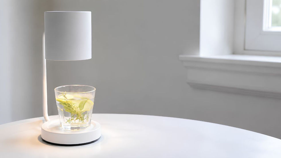 Lamp-style candle warmer heating a small glass vessel with lemon and rosemary