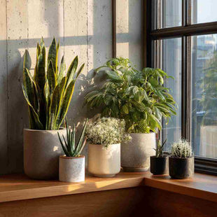 Bright winter daylight streaming through a window, a collection of air-purifying houseplants arranged on a wooden windowsill in modern concrete pots. Include Snake Plant, ZZ Plant, Spider Plant, Peace Lily, and Aloe Vera, modern light clean space 
