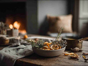 A calm, cinematic winter scene in a Scandinavian-style home. A rustic wooden table near a fireplace, softly lit by natural daylight. On the table: handmade herbal fire starters made from dried citrus peels, rosemary, thyme and wax, arranged casually in a ceramic bowl. Loose dried herbs and orange peels scattered naturally. A small saucepan with melted wax nearby, a wooden spoon resting inside.