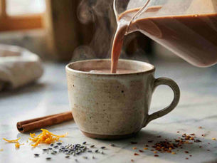 A close-up, cinematic shot of warm chocolate milk being poured into a rustic ceramic cup on a marble countertop. Nearby: a cinnamon stick, a pinch of orange zest, lavender buds and chilli flakes arranged naturally.