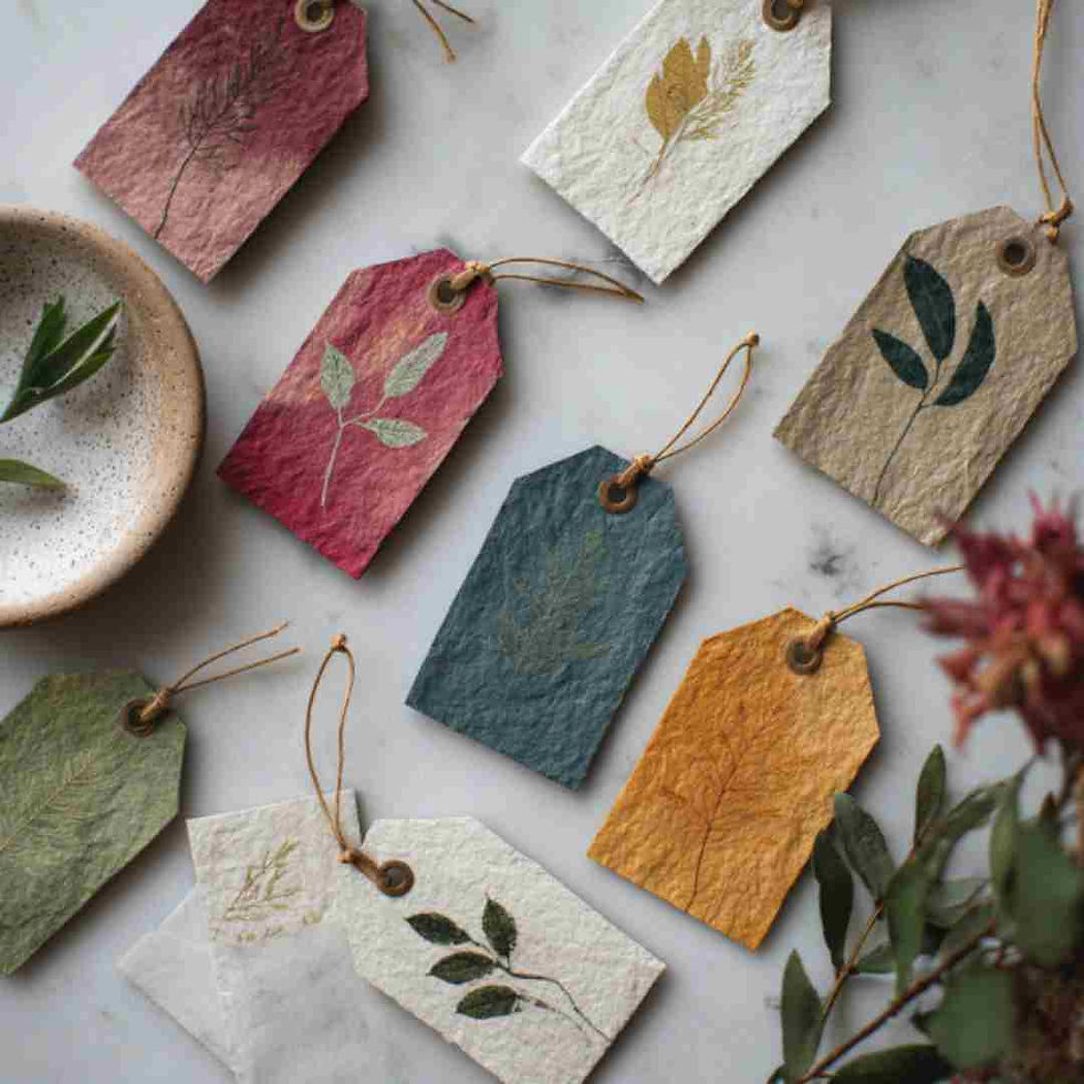 a flat lay showing small gift tags made of handmade paper tinted with beetroot, turmeric and spinach and stamped with leaves