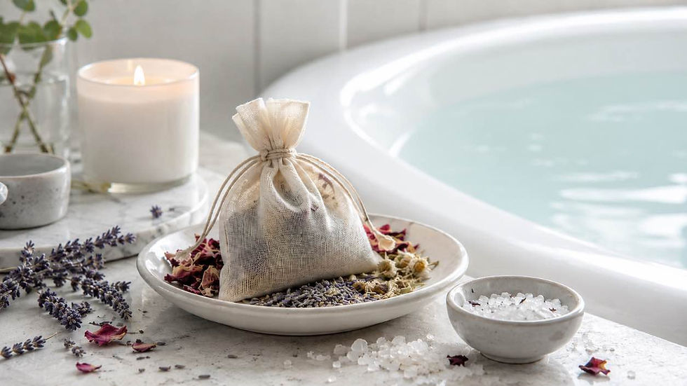 Herbal bath sachet with dried lavender, rose petals and bath salts beside a candle and a softly filled bathtub