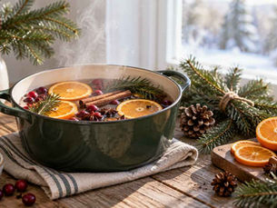 Festive yule simmer pot with oranges, cranberries, cinnamon, and pine on a rustic table by a snowy window.