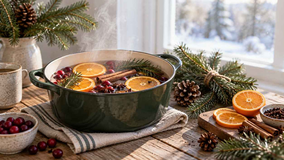 Festive yule simmer pot with oranges, cranberries, cinnamon, and pine on a rustic table by a snowy window.