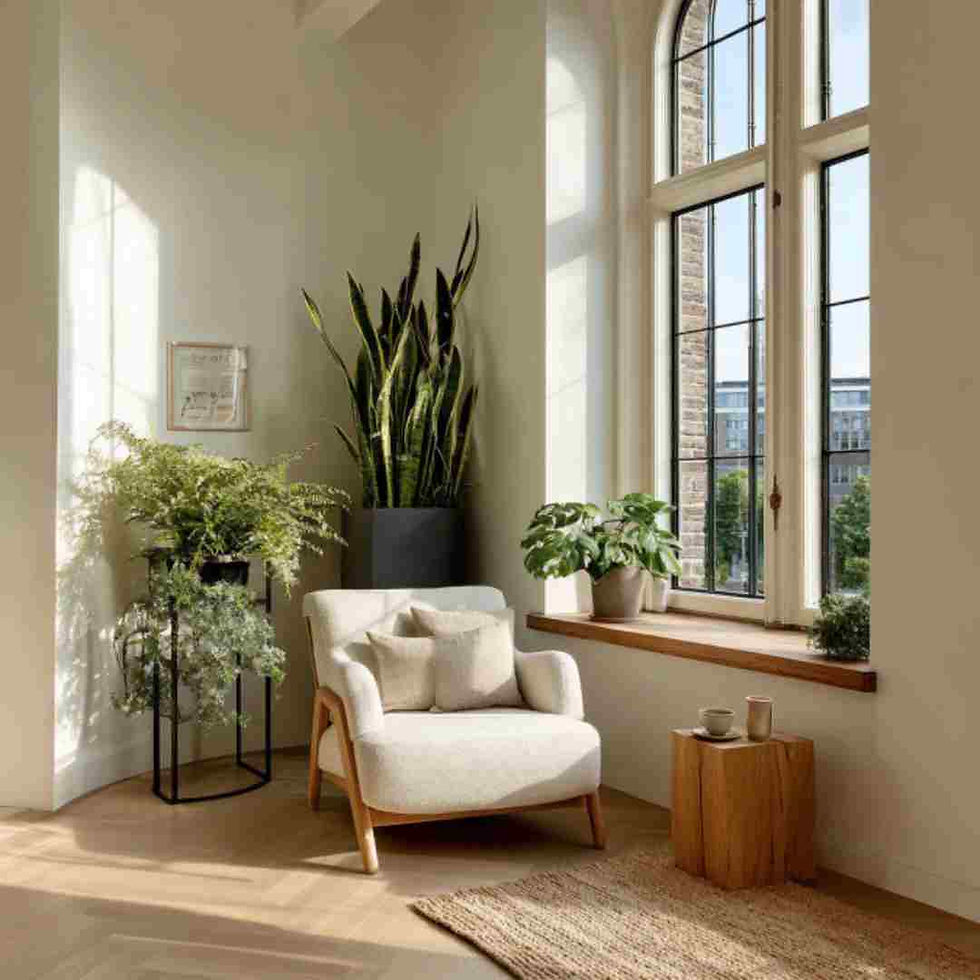 A modern Amsterdam apartment with a sleek plant stand as the centrepiece. The stand holds a mix of greenery a tall snake plant, a trailing pothos, and a small fern arranged at different levels for visual interest.
