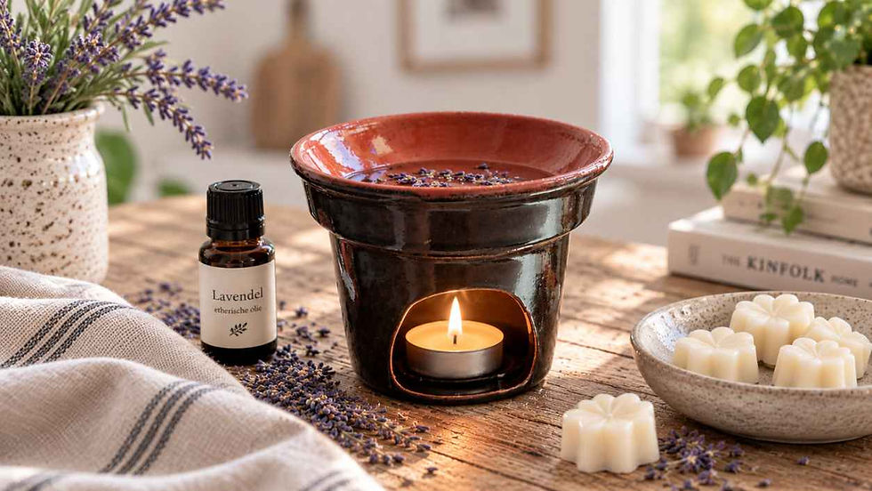 Geurbrander met brandend waxinelichtje, lavendel, etherische olie en wax melts op een houten tafel.