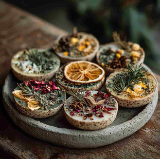 A set of small, handmade aromatic fire starters arranged neatly on a concrete tray. Each fire starter is unique, made with natural wax and decorated with dried herbs, flower petals, citrus slices, and spices.