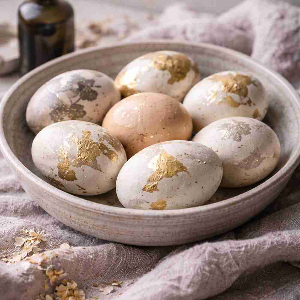 a bowl with gold foil decorated Easter Eggs