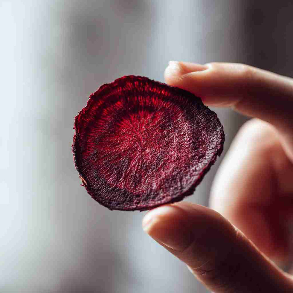 a single dried beetroot slice held gently between the fingers of a person’s hand.