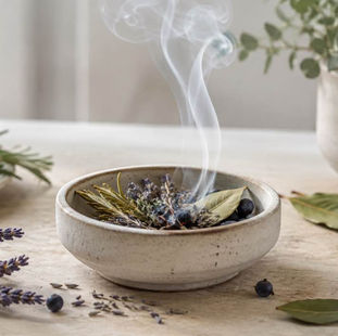 Dried rosemary, lavender, bay leaves and juniper smouldering gently in a ceramic bowl for sage-free smoke cleansing