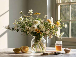 Fresh bouquet of seasonal flowers in a glass vase with homemade flower food ingredients including lemon, honey and sugar on a white wooden table.