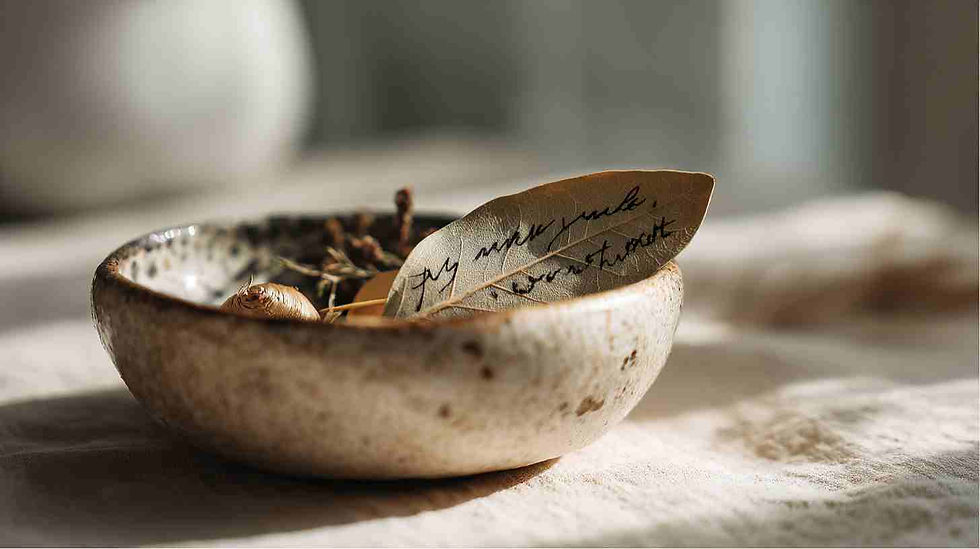 Close-up of a minimalist money bowl styled on a soft neutral surface. A single bay leaf sits on top with a handwritten wish in black ink, clearly visible. Subtle coins and dried herbs partially out of focus beneath.