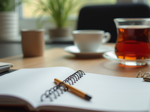 Close-up view of a journal and pen on a wooden table for self-reflection
