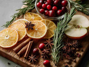Flat lay on a light wooden cutting board featuring natural simmer pot ingredients orange peels, cinnamon sticks, star anise, cloves, rosemary sprigs, apple slices, and a few cranberries.