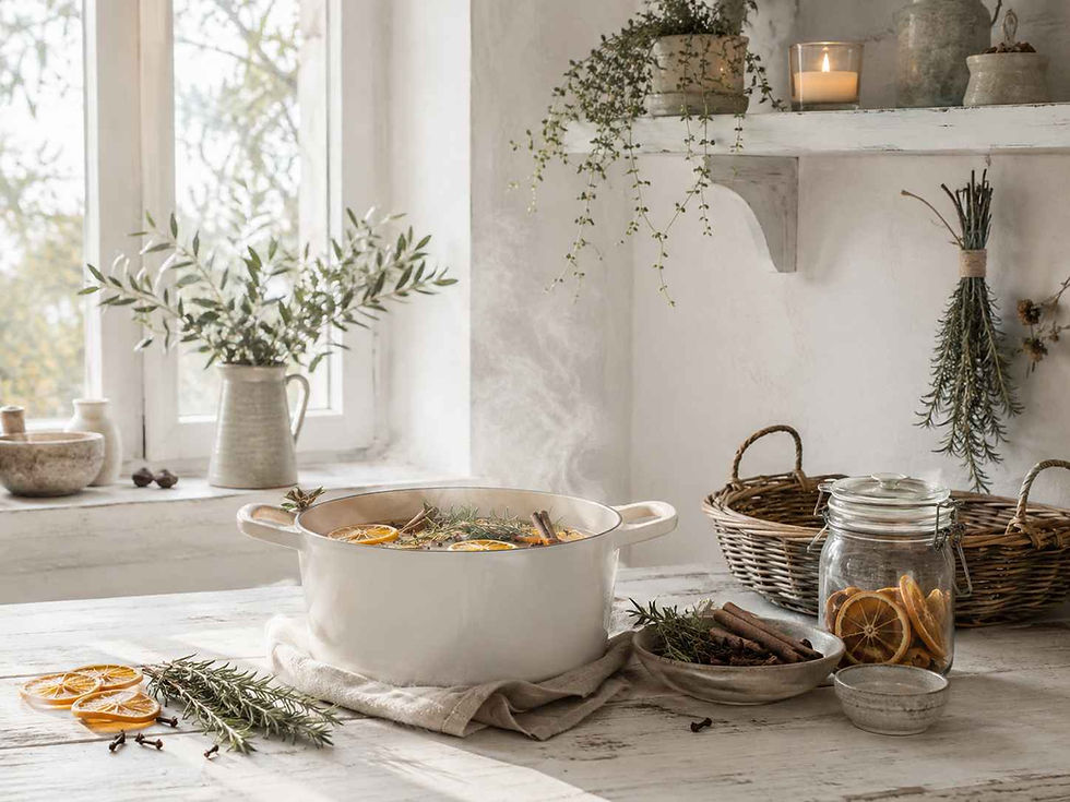 Steaming simmer pot with dried oranges, rosemary and cinnamon in a bright whitewashed kitchen, surrounded by natural herbs and botanical home décor.