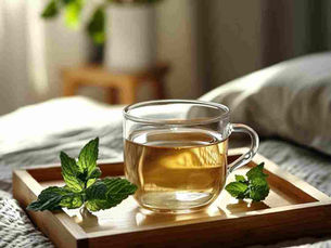 a wooden tray with tea glass with mint tea, with a sprig of lfreh mint next to the glass, bed in the background, soft focus, morning light,