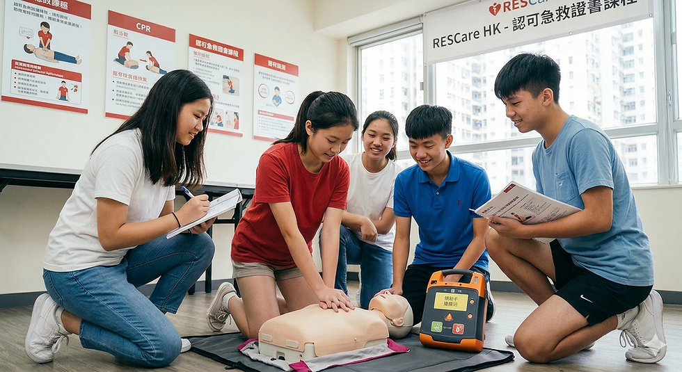 應屆 DSE 畢業生修讀政府認可急救課程,學員正使用模擬人體模型與 AED 機器進行急救實務考核