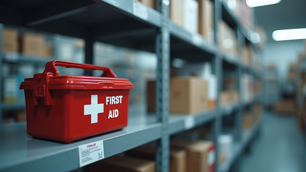 Eye-level view of a workplace first aid kit on a shelf