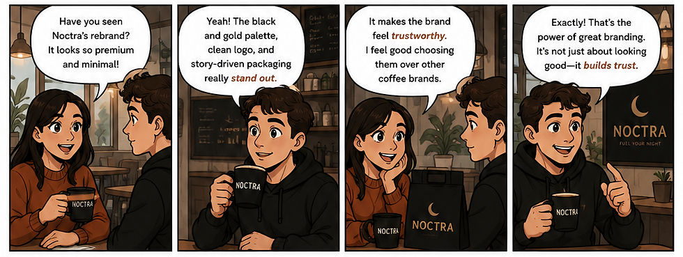 two people are discussing the branding of a coffee brand - Noctra.