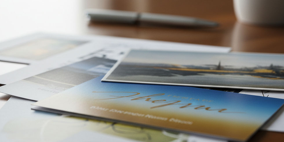 horizontal image of printed material on a desk from a distance and out of focus so that no