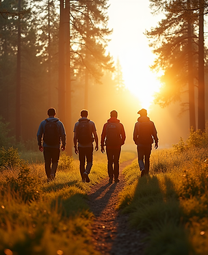 Ein motiviertes Team navigiert gemeinsam durch herausforderndes Waldgelände bei Sonnenaufg