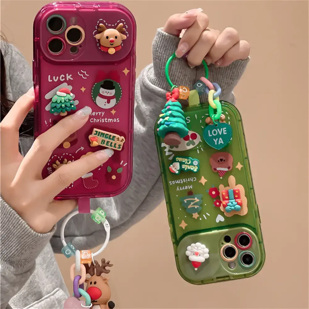 Korean Cute Cartoon Christmas Elk Santa Claus Pendant Case For iPhone Pro Max