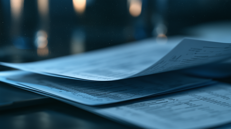 Overlapping printed financial statements on a dark desk lit by cold blue light