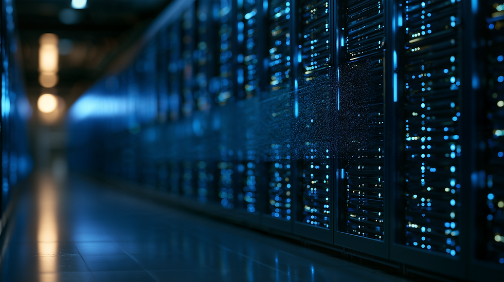 A row of server racks in a dark data hall with a section of indicator lights going dark and dissolving into particles