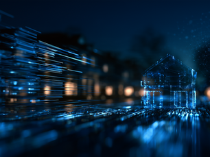 A glowing blue wireframe outline of a house standing among streams of data and distant city lights