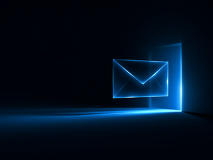 A glowing blue envelope in front of an open doorway of light in a dark room