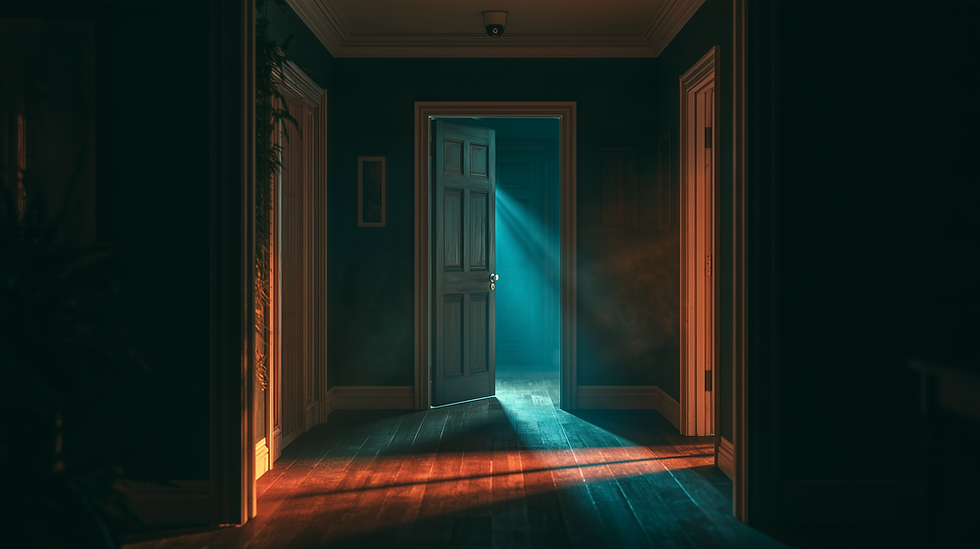 A dark hallway in a home with a door ajar and cold blue light spilling through, a security camera mounted on the ceiling