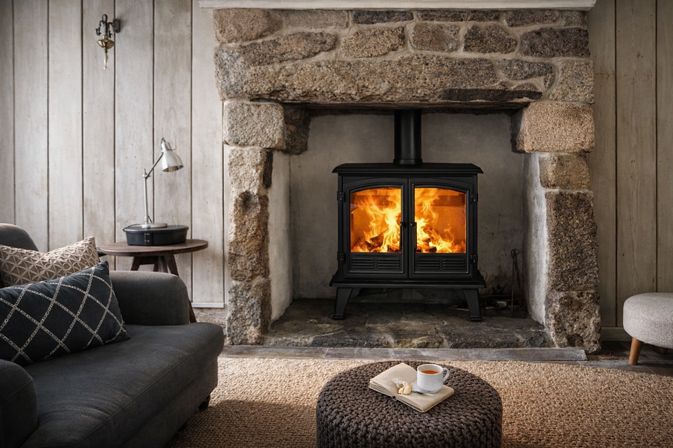 Cozy room with a lit Hunter Herald 8 double door fireplace, stone surround, and wood paneling. A sofa, pillows, and a lamp are nearby. A knitted ottoman holds tea and a book.